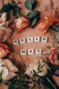 Hello May written in blocks with orange and pink flowers all around.